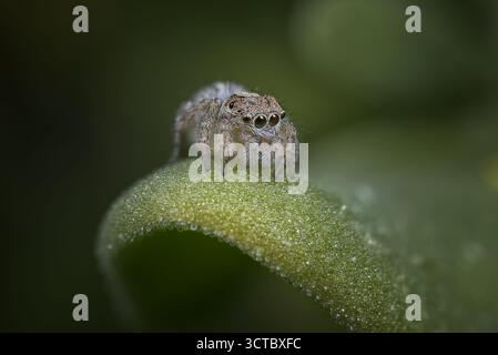 A female Peacock spider (Maratus speciosus; the Coastal Peacock spider). Unlike the brightly coloured males, the females do not develop colours. Stock Photo