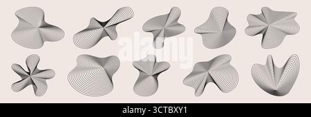 Black amorphous shapes with ripple line patterns for modern abstract geometric designs. Flowing forms with wavy stripes or parallel curves for contemporary art projects and digital backgrounds. Stock Vector