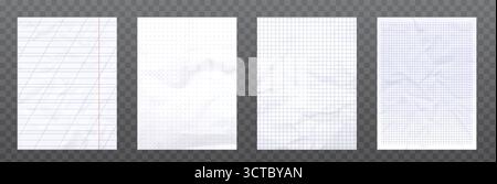 Notebook paper grid patterns on transparent bg - lined, dotted and squared sheet textures in white with blue guidelines. School and office stationery templates for educational or planning designs. Stock Vector