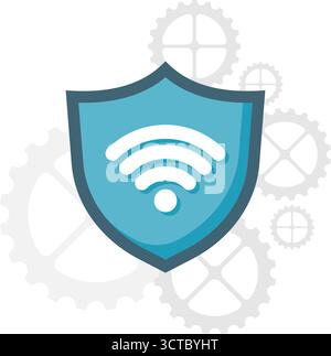shield and internet signal symbol with gear background, internet network security Stock Vector