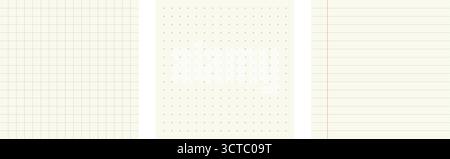 Set of bullet journal patterns. Square grid, dot grid, and lined notebook pages collection for planning and notes Stock Vector