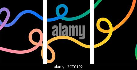 Modern gradient line poster. Abstract wavy ribbon swirls and spiral doodles on dark background for fun kid design Stock Vector