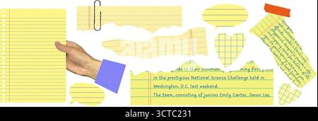 Yellow torn notebook paper collage with lined sheets, halftone hand holding sheet, paper clips, and scotch tape. Creative school and office stationery Stock Vector