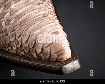 Cowboy boot toe featuring genuine snakeskin texture. Close-up detailed view highlighting reptilian leather scales and craftsmanship Stock Photo
