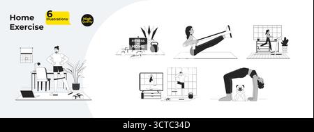 Home exercise outline illustrations mega bundle Stock Vector