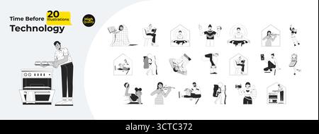 Diverse people enjoying offline hobbies outline illustrations mega bundle Stock Vector