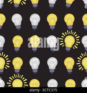 Seamless pixel art pattern of light bulbs in different states, off glowing and shining with rays, on dark background. Concept of idea stages Stock Vector