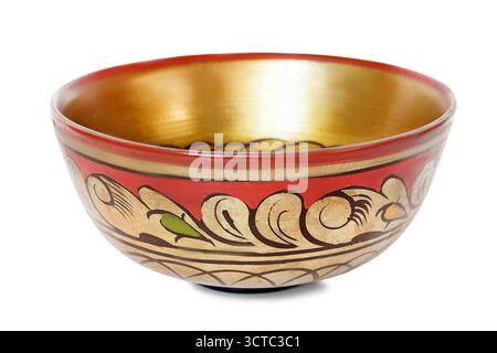 Empty wooden painted gilded bowl isolated on white background Stock Photo