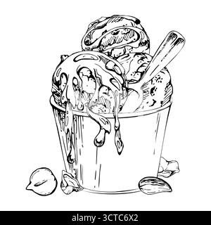 Sorbet gelato served in recyclable paper cup, plastic spoon, chocolate syrup sprinkle, nuts mix. graphic illustration hand drawn in vector ink Stock Vector