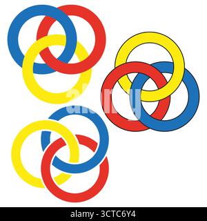 Three intertwined circles. Abstract rotation symbols. Corporate union graphic Vector. Colorful geometric emblem. EPS 10. Stock Vector