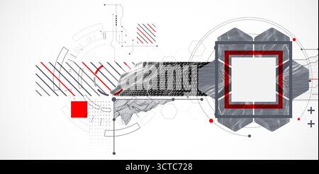 Abstract composition with wireframe mountains, geometric hexagons, dots, and lines. Stock Vector