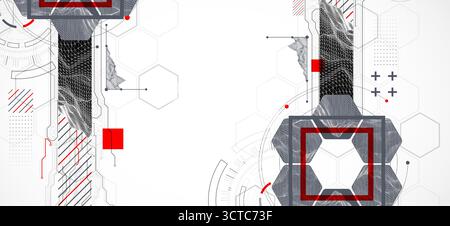 Abstract composition with wireframe mountains, geometric hexagons, dots, and lines. Stock Vector
