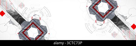 Abstract composition with wireframe mountains, geometric hexagons, dots, and lines. Stock Vector