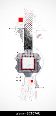 Abstract composition with wireframe mountains, geometric hexagons, dots, and lines. Stock Vector