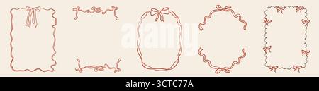 Whimsical ribbon frames with bows in vintage doodle style. Decorative hand drawn borders for Christmas, wedding invitations, Valentine cards, party Stock Vector