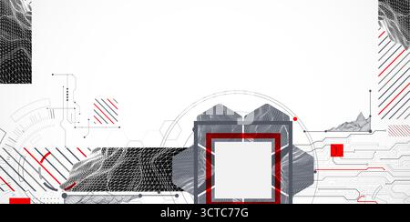 Abstract composition with wireframe mountains, geometric hexagons, dots, and lines. Stock Vector