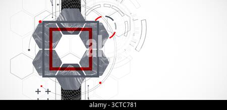 Abstract composition with wireframe mountains, geometric hexagons, dots, and lines. Stock Vector