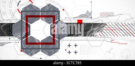 Abstract composition with wireframe mountains, geometric hexagons, dots, and lines. Stock Vector