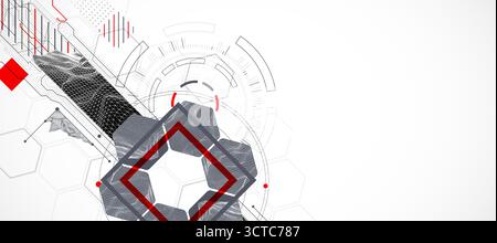 Abstract composition with wireframe mountains, geometric hexagons, dots, and lines. Stock Vector