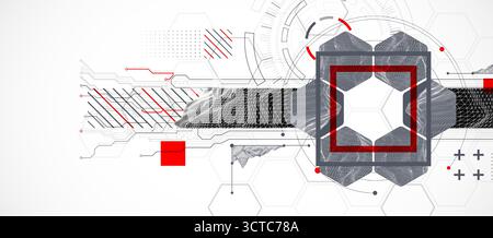 Abstract composition with wireframe mountains, geometric hexagons, dots, and lines. Stock Vector