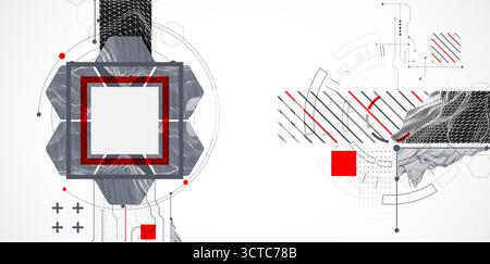 Abstract composition with wireframe mountains, geometric hexagons, dots, and lines. Stock Vector