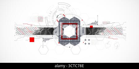 Abstract composition with wireframe mountains, geometric hexagons, dots, and lines. Stock Vector