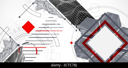 Abstract composition with wireframe mountains, geometric hexagons, dots, and lines. Stock Vector