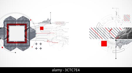 Abstract composition with wireframe mountains, geometric hexagons, dots, and lines. Stock Vector