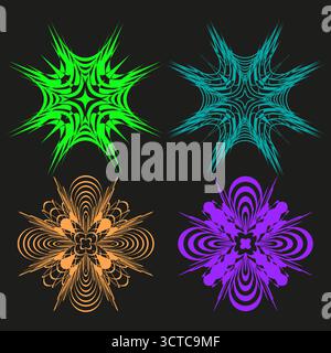 Abstract starburst symbols. Geometric floral elements. Vector line illustrations. Vibrant glowing designs. EPS 10. Stock Vector
