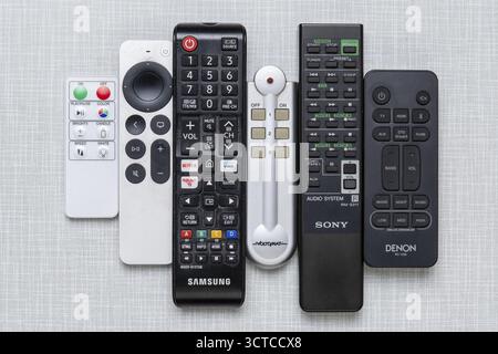 Top shot of a series of remote controls on a white Resopal panel Stock Photo