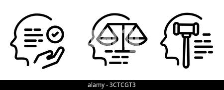 ethical principles in AI and machine learning icons feature a head with checkmark balance scale and gavel concepts of responsible development fairness Stock Vector
