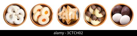 Traditional Christmas cookies and biscuits in wooden bowls. Stock Photo