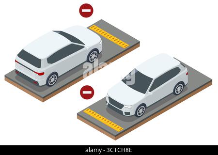 Isometric road spike barrier with no entry signs and white cars. Concept of border control, checkpoint, and vehicle security inspection Stock Vector