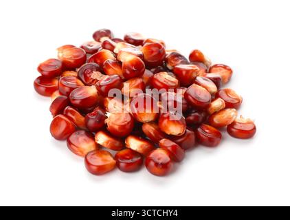 Pile of ripe red corn kernels isolated on white Stock Photo