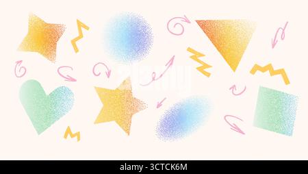 Pastel distressed geometric figure set with grainy grunge texture. Gradation figures. Y2k rhombus, circle, star and blink in soft kids vector gritty d Stock Vector