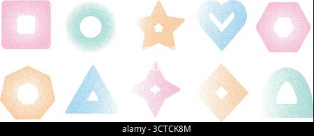 Pastel stroke geometric shapes set. Grainy noise textured y2k frame elements. Hexagon, rectangle and circle dotwork icons. Vector pink and blue pastel Stock Vector