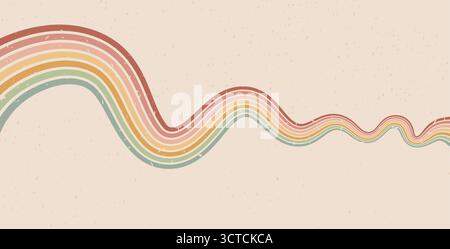 Retro groovy rainbow underline line background. 70s wave path abstract pattern wallpaper. Vector horizontal wide wavy colorful lines design. Pop art g Stock Vector