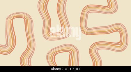 Groovy rainbow warm lines background. Wavy stripes vintage orange colors cover. Playful squiggle wave arch wall design. Vector retro beige wiggle orna Stock Vector