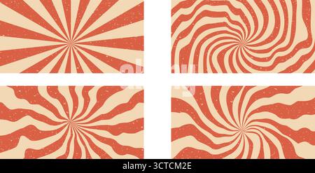 Groovy swirl red starburst horizontal backgrounds set. Retro hypnosis spiral sun rays abstract illustrations collection. Vector wavy carnival decorati Stock Vector