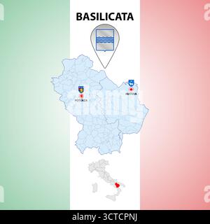 Basilicata, Italy, regional map and symbols of the region and cities, vector illustration Stock Vector