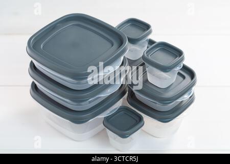 Lots of plastic containers with lids Stock Photo