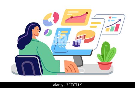 Analyzing financial data on computer screen. Finance investment planning concept. Business analytics Stock Vector