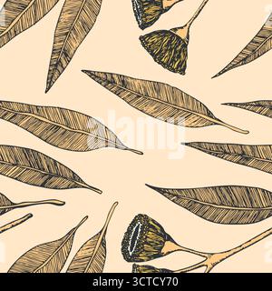 Seamless pattern with eucalyptus. Exotic tropical vector hand drawn illustration. Decorative background with leaves and fluffy eucalypt flowers Stock Vector