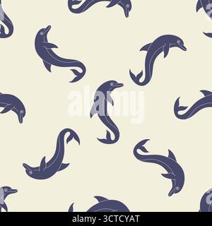 Jumping cheerful dolphin seamless pattern vector illustration. Hand drawn ocean repeat background Stock Vector