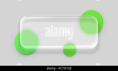 Modern glassmorphism empty rectangular frame with green blurred circles on a light gray background, perfect for design. Vector illustration. Stock Vector