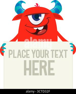 Catoon funny monster character holds banner paper sign for advertisement. Halloween illustration Stock Vector