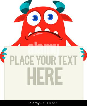 Catoon funny monster character holds banner paper sign for advertisement. Halloween illustration Stock Vector