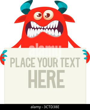 Catoon funny monster character holds banner paper sign for advertisement. Halloween illustration Stock Vector