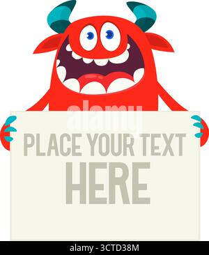 Catoon funny monster character holds banner paper sign for advertisement. Halloween illustration Stock Vector