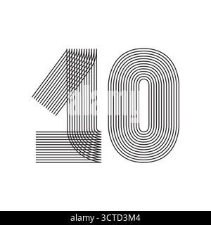 Number ten 10 line art in black thin striped lines isolated on white background. Graphic design vector illustration for Banner Greeting Card Annual Re Stock Vector
